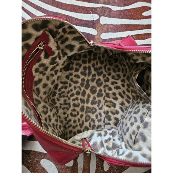 Vintage ROBERTO CAVALLI Round Leather Satchel Bag Red Animal Print Liner - Picture 8 of 11